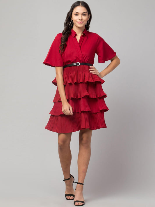 Oceanista Women's Crepe Solid Shirt Collar Flared Red Short Dress