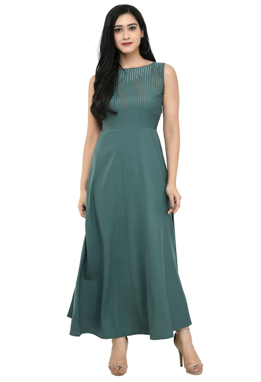 Oceanista Women's Crepe Embellished Partywear Green Maxi Dress