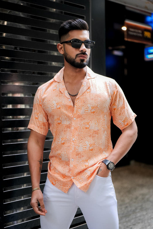 ROYAL TAIL Men's Printed Rayon Cuban Collar Casual Shirt Orange