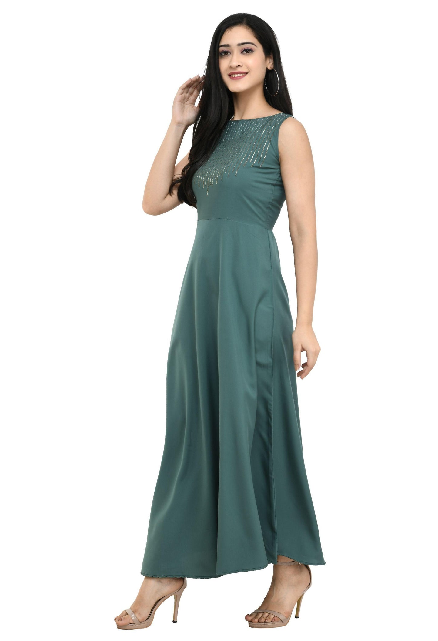 Oceanista Women's Crepe Embellished Partywear Green Maxi Dress